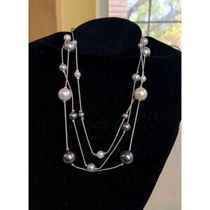 RMN Faux Grey and White Pearls 3 Strand Silver Tone Necklace 20.5"
